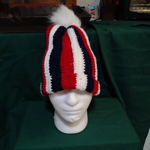 Handmade Crochet Patriotic Hat With Removable Pom Pom